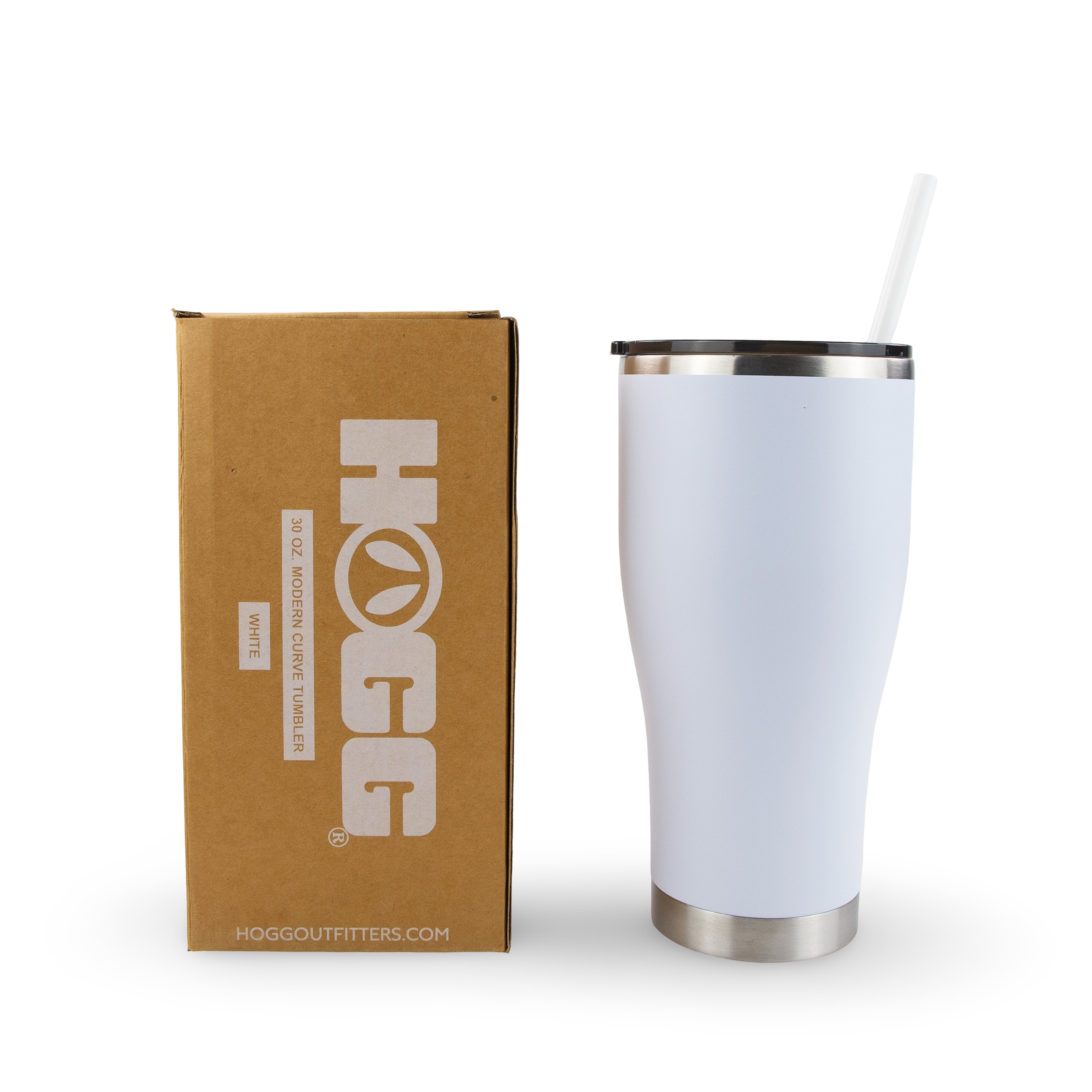 30 oz white stainless steel tumbler with straw next to brown product box