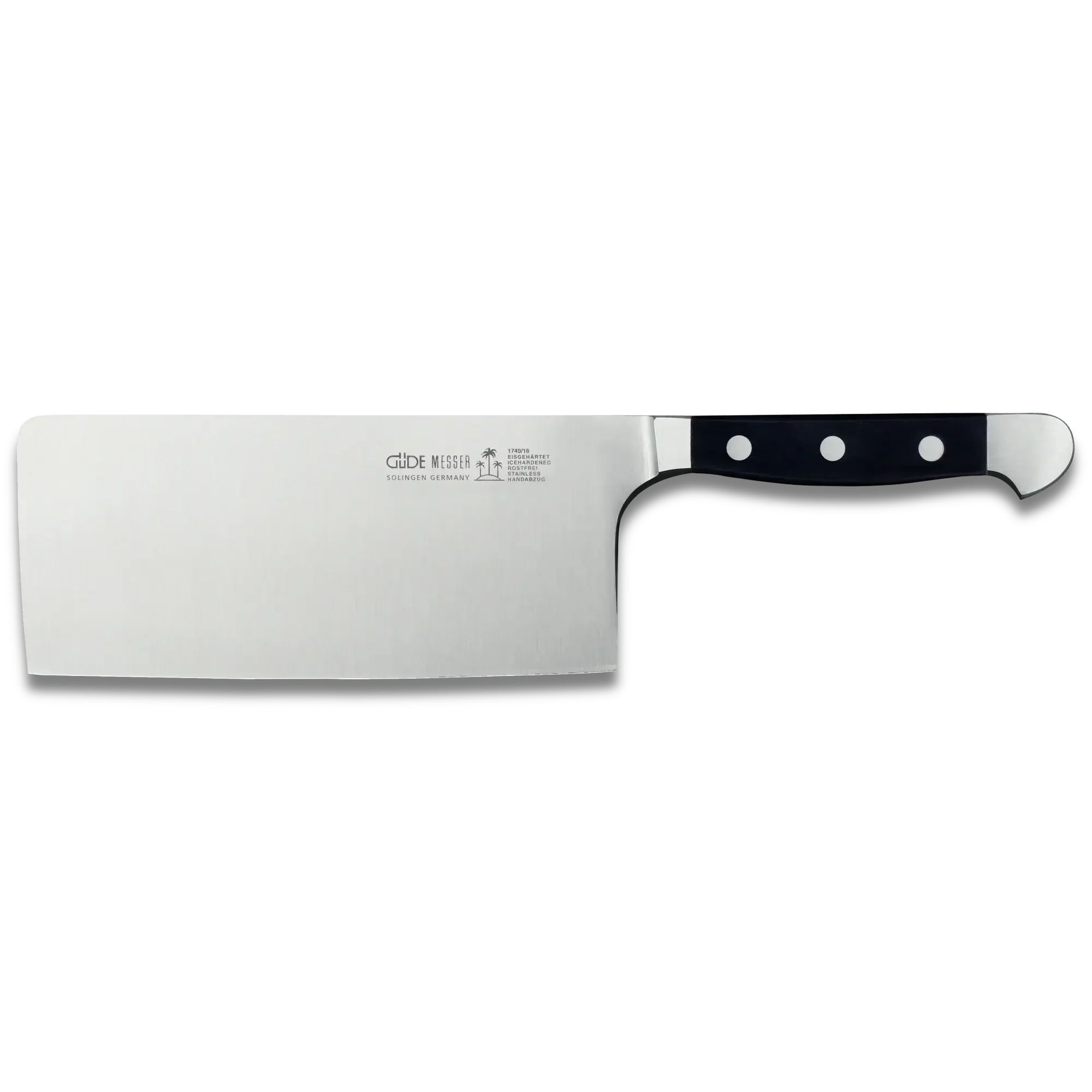 Stainless steel cleaver knife with black handle and triple rivets, isolated on white background