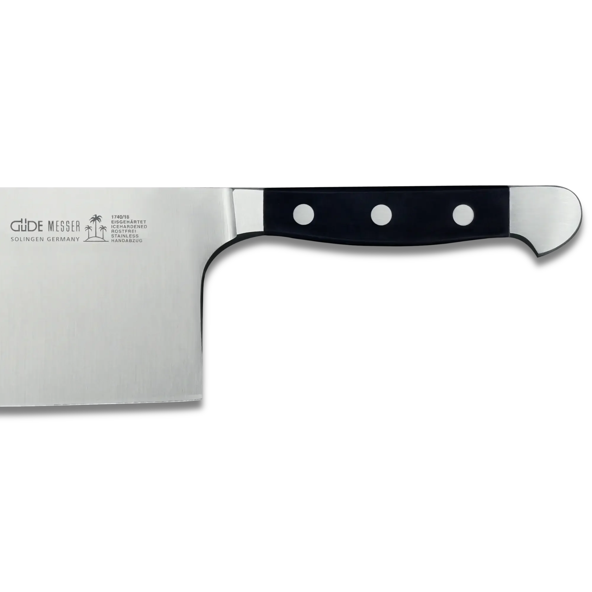 Stainless steel cleaver knife with black handle, three rivets, and sharp edge on black background