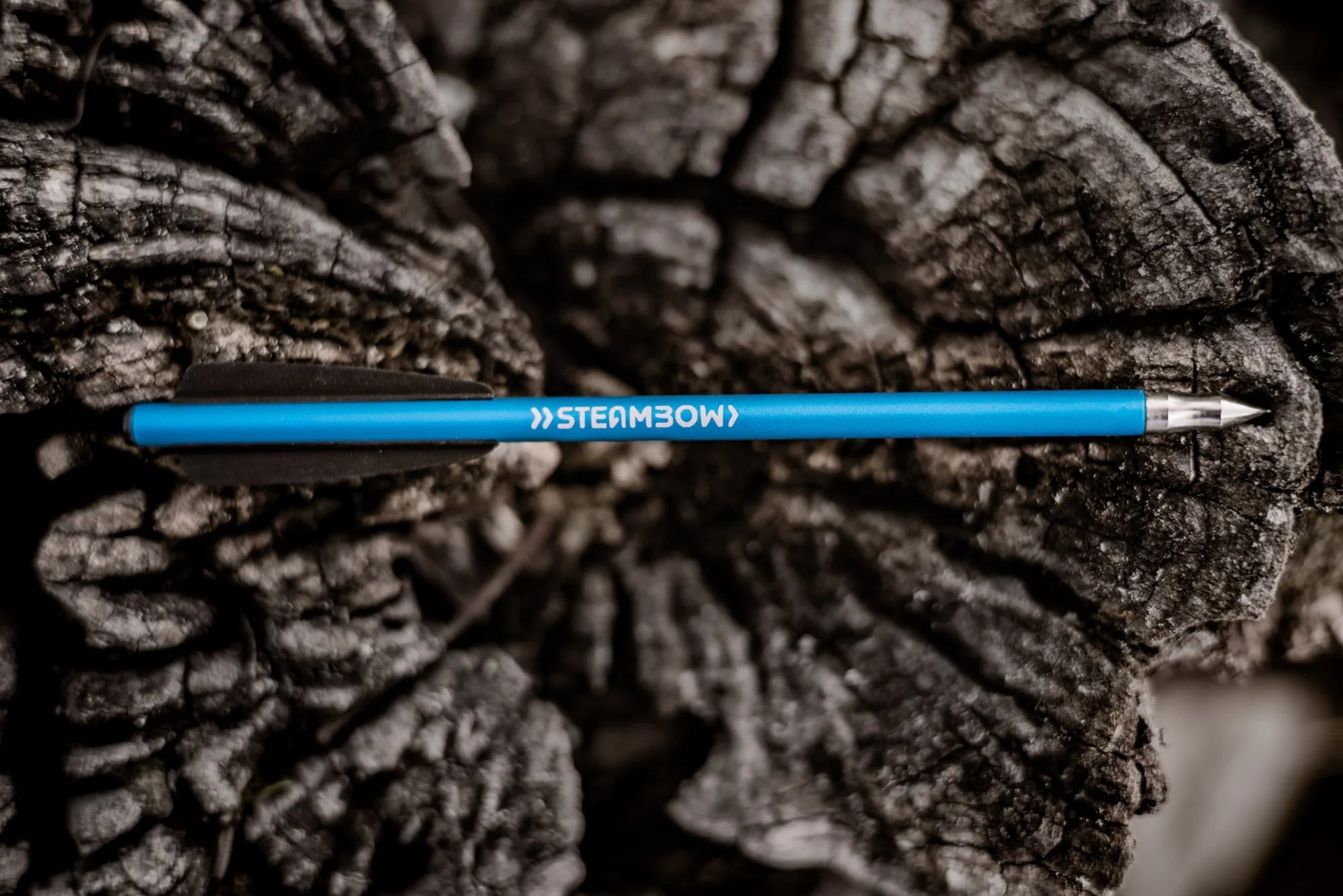 Blue crossbow bolt with silver tip and STEAMBOW text on weathered wood background