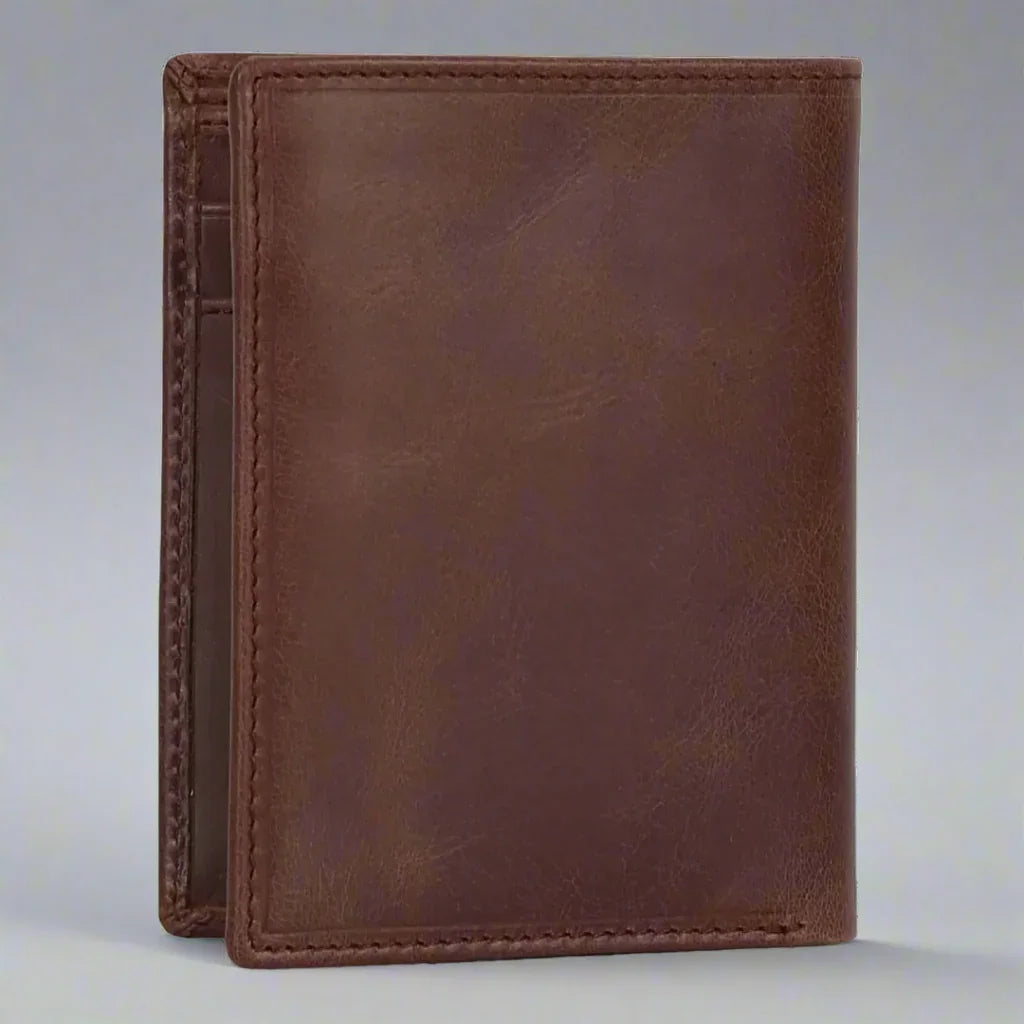 Brown leather bifold wallet with stitched edges on a plain background