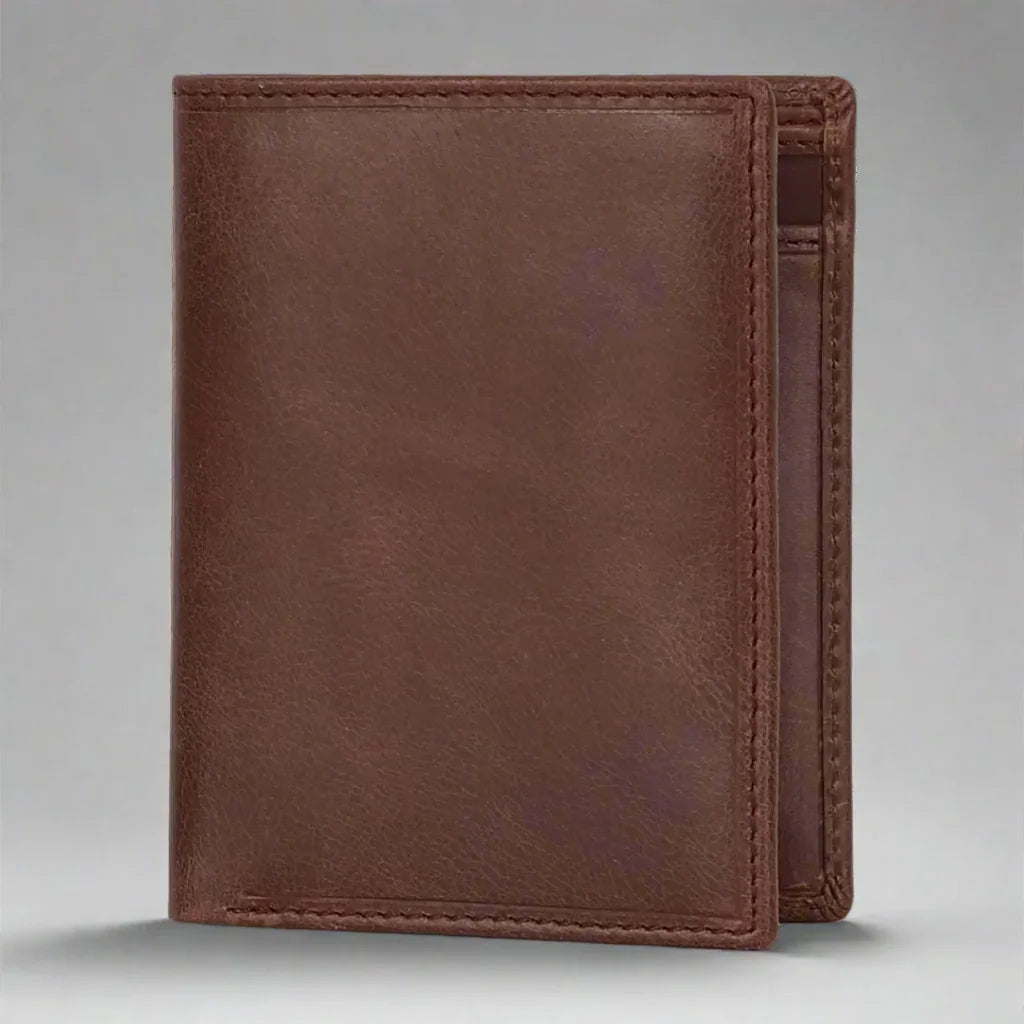 Brown leather bifold wallet standing upright on a light gray background