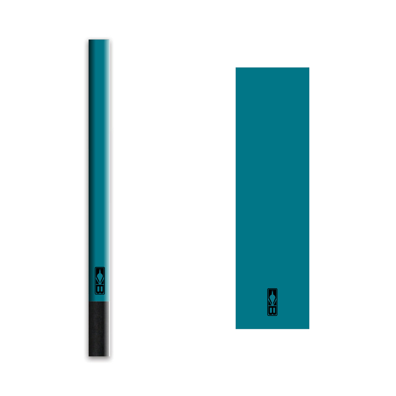 Teal and black archery arrow wrap with rectangular logo, hunting accessory on white background