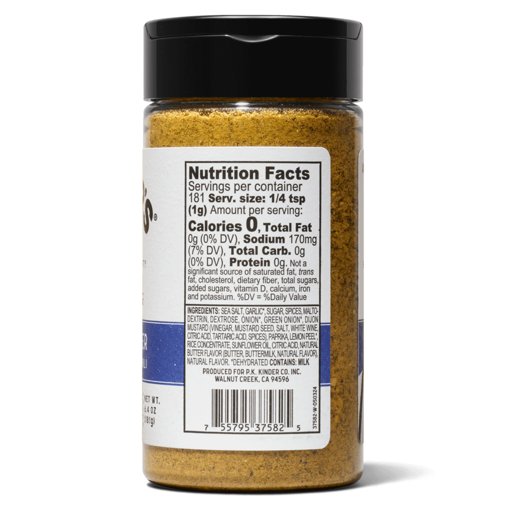 Seasoning spice jar with nutrition facts and ingredients label, black lid, yellow seasoning