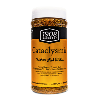 1908 Barbeque Cataclysmic chicken rub seasoning bottle with herbs and spices