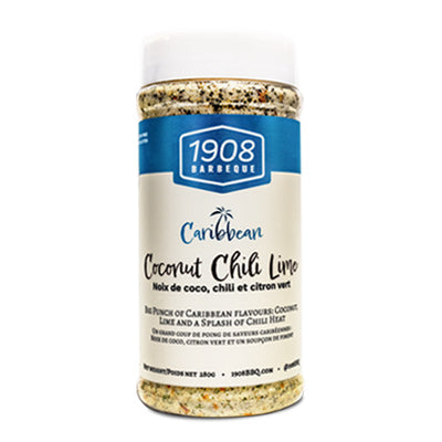 1908 Barbeque Caribbean Coconut Chili Lime seasoning blend in plastic shaker bottle