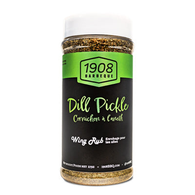 1908 Barbeque Dill Pickle wing rub seasoning spice blend in clear plastic jar