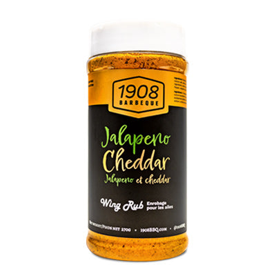 1908 Barbeque Jalapeno Cheddar wing rub seasoning bottle with black label