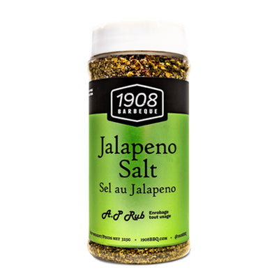 1908 Barbeque Jalapeno Salt seasoning rub in clear plastic spice jar with green label