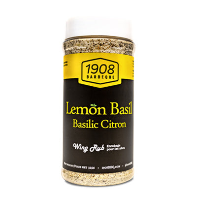 1908 Barbeque Lemon Basil wing rub seasoning in a clear plastic container