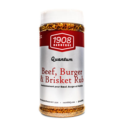 1908 Barbeque Quantum Beef, Burger & Brisket rub seasoning bottle on white background