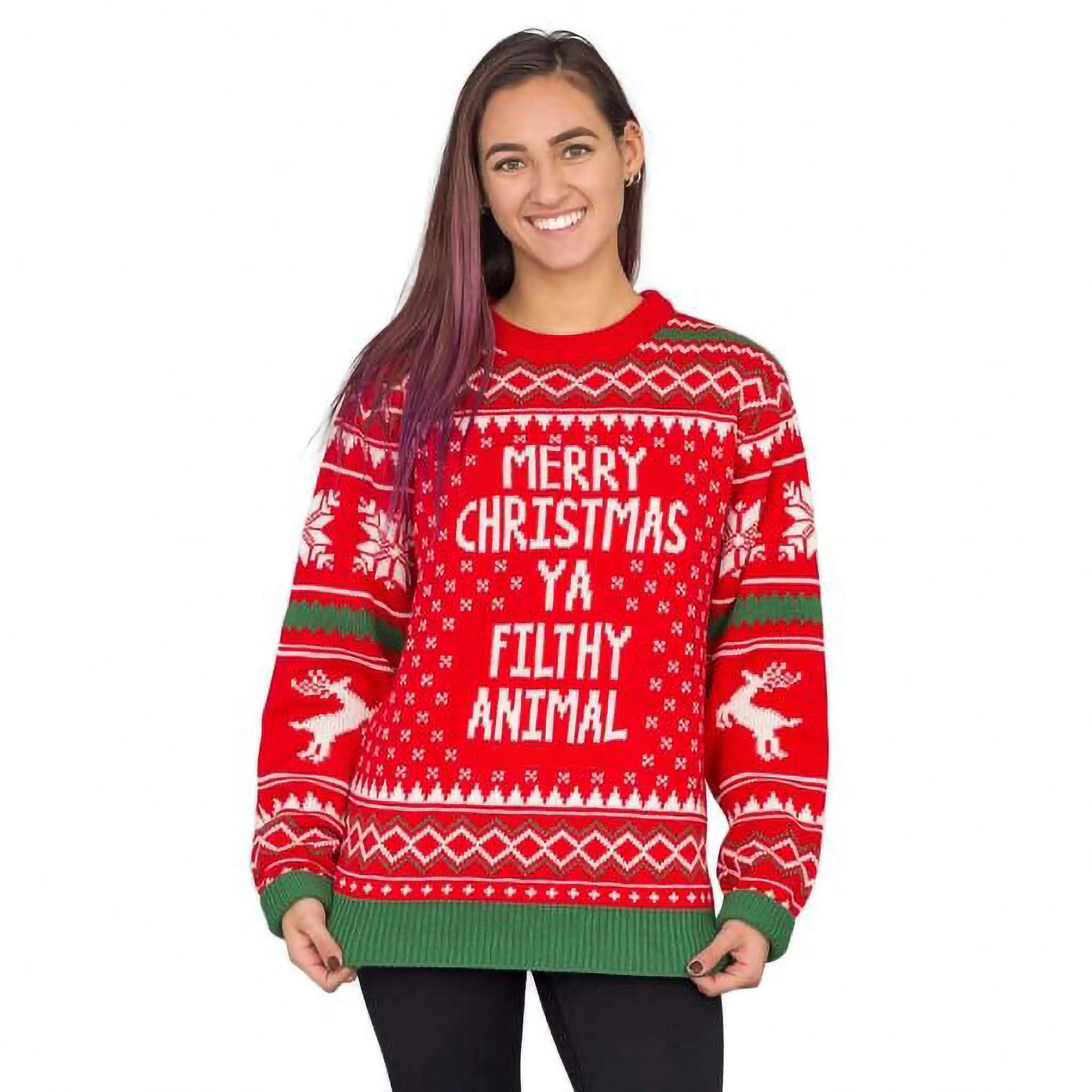 Woman wearing red ugly Christmas sweater with snowflakes, reindeer, and 'Merry Christmas Ya Filthy Animal' text.