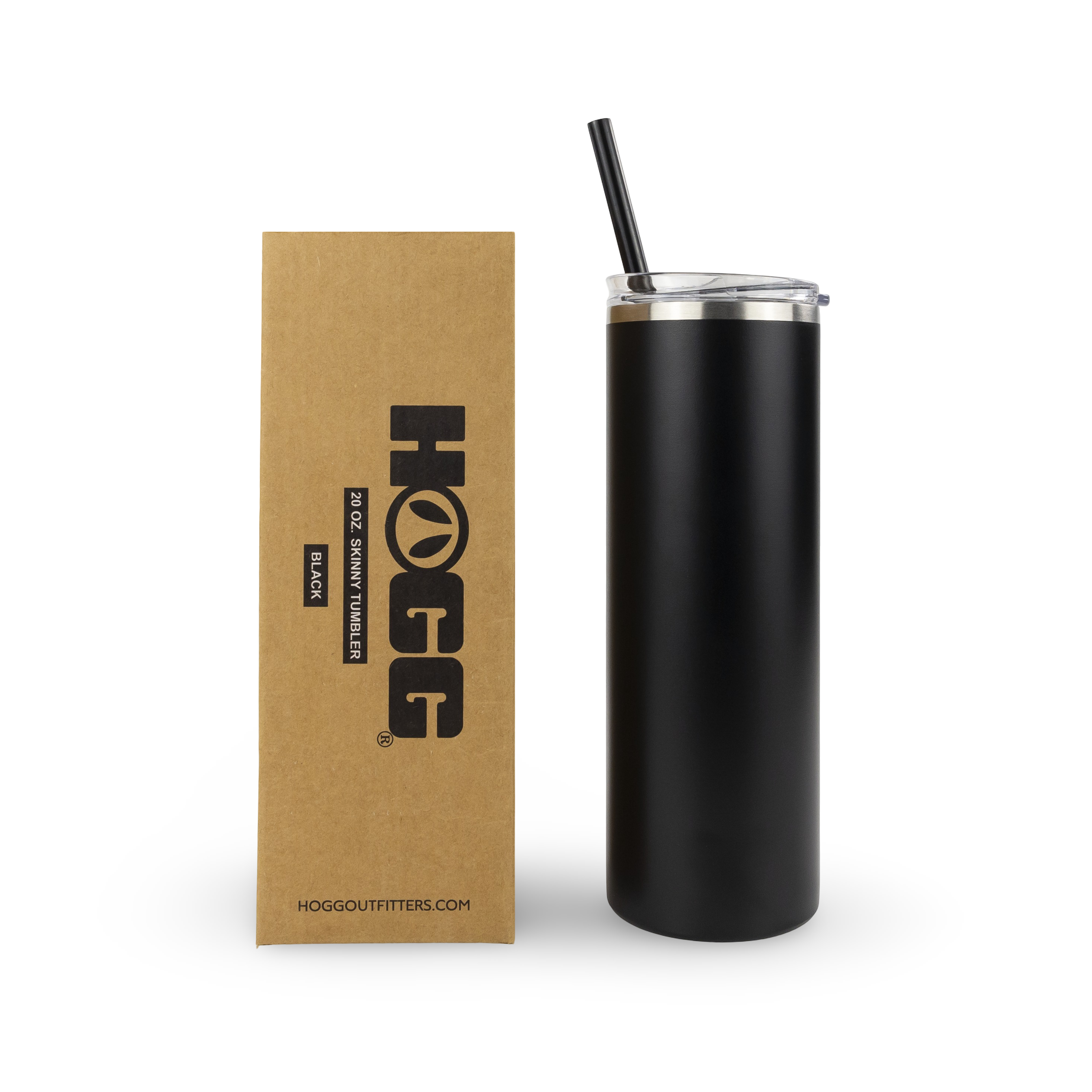 Black 20oz skinny tumbler with straw and box, insulated travel mug for outdoor use
