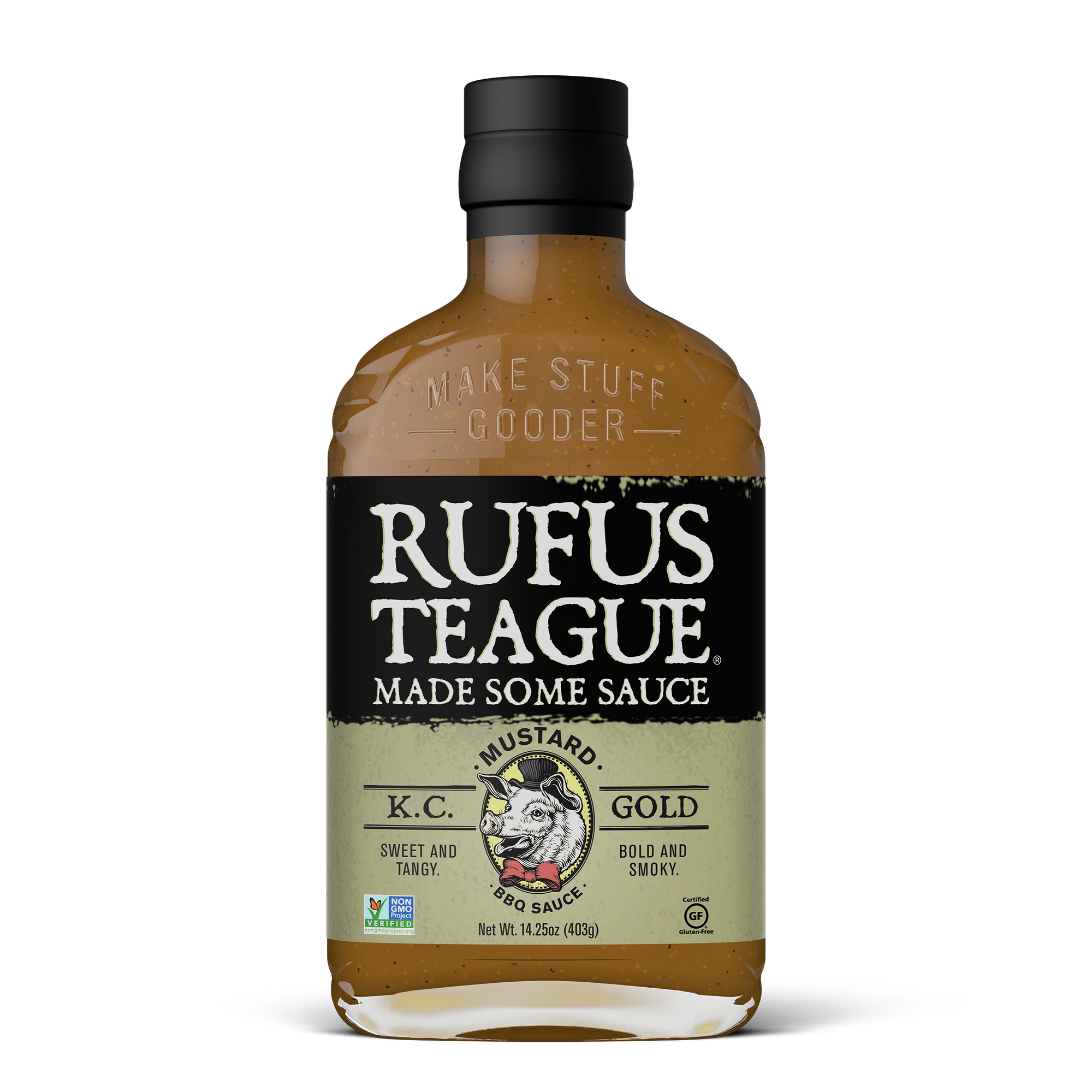 Rufus Teague KC Gold mustard BBQ sauce bottle, sweet and tangy, bold and smoky.