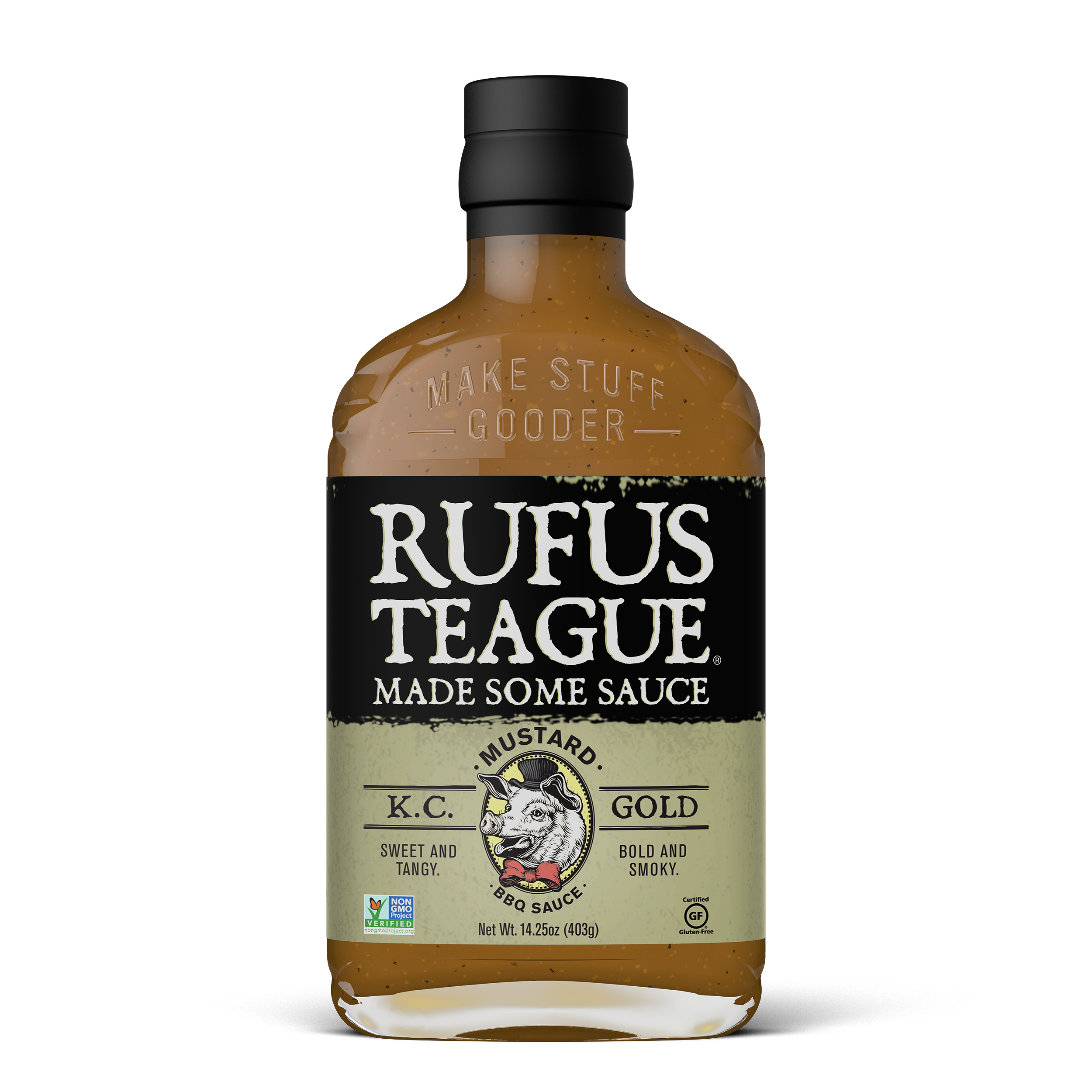 Rufus Teague KC Gold mustard BBQ sauce bottle, sweet and tangy, bold and smoky.