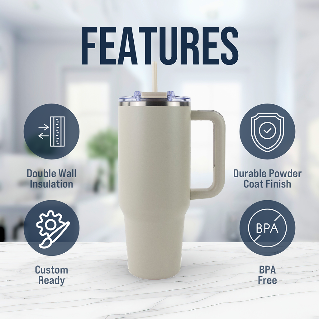 Insulated travel tumbler with handle, straw lid, BPA free, powder coat, double wall, custom ready.