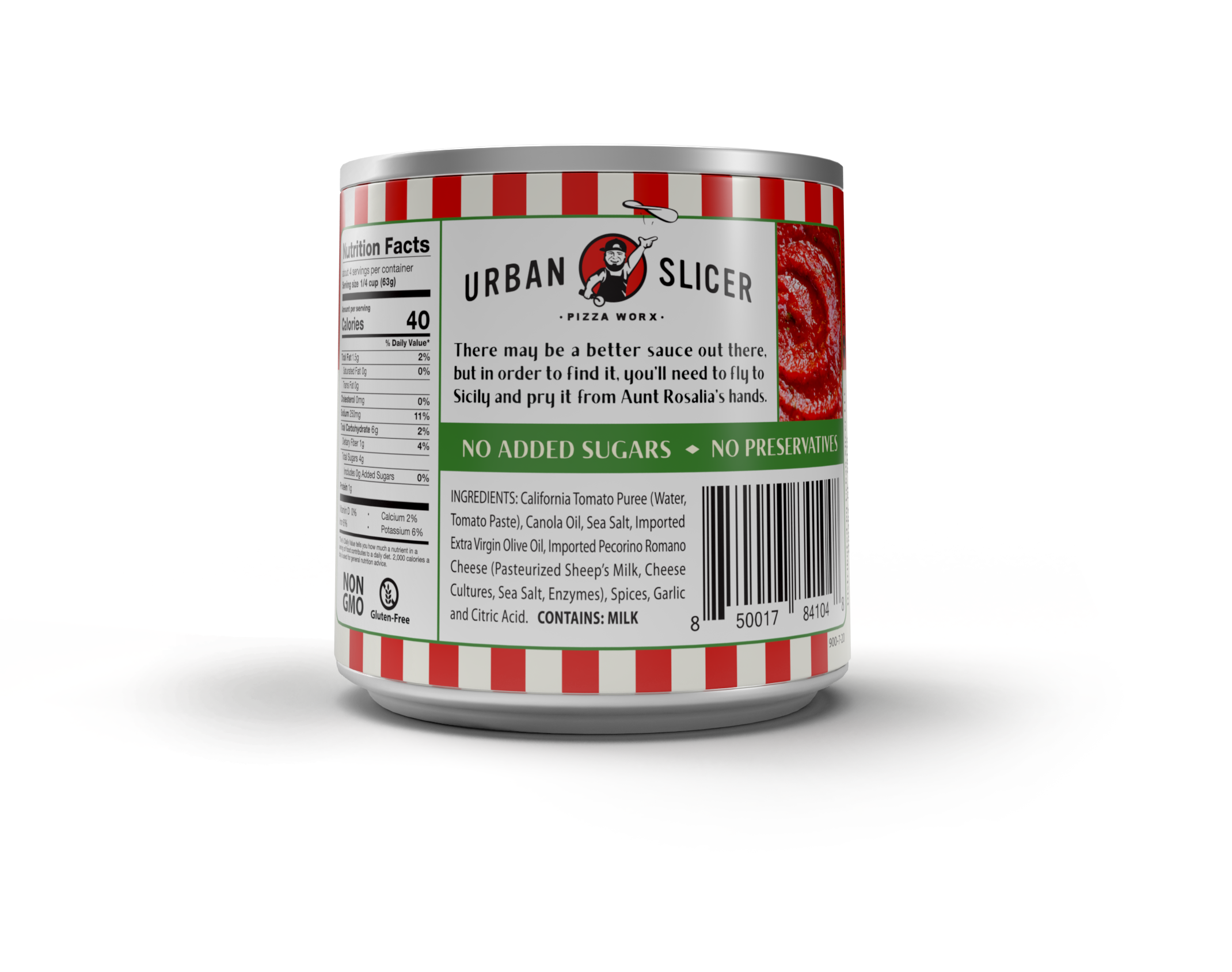 Urban Slicer pizza sauce can with nutrition facts, ingredients, and no added sugar label