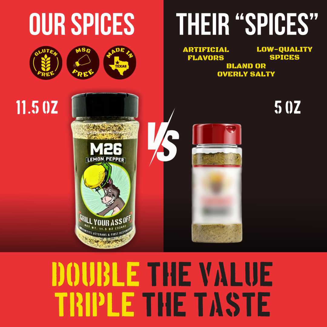 Comparison of M26 lemon pepper seasoning with gluten free, MSG free, large 11.5 oz bottle versus smaller generic spice bottle, highlighting double the value and triple the taste.