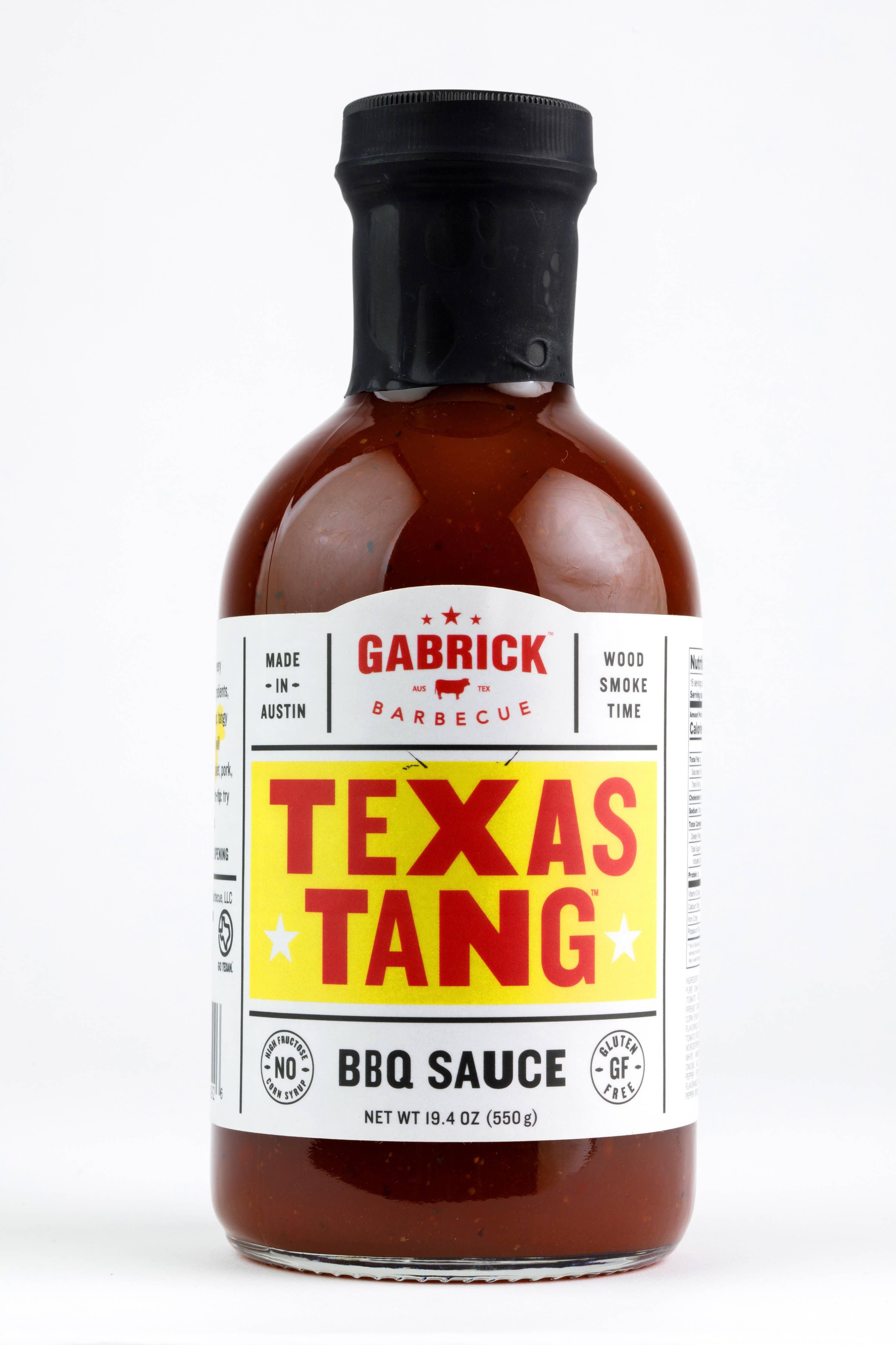 Gabrick Texas Tang BBQ sauce bottle with yellow and red label, gluten free, 19.4 oz