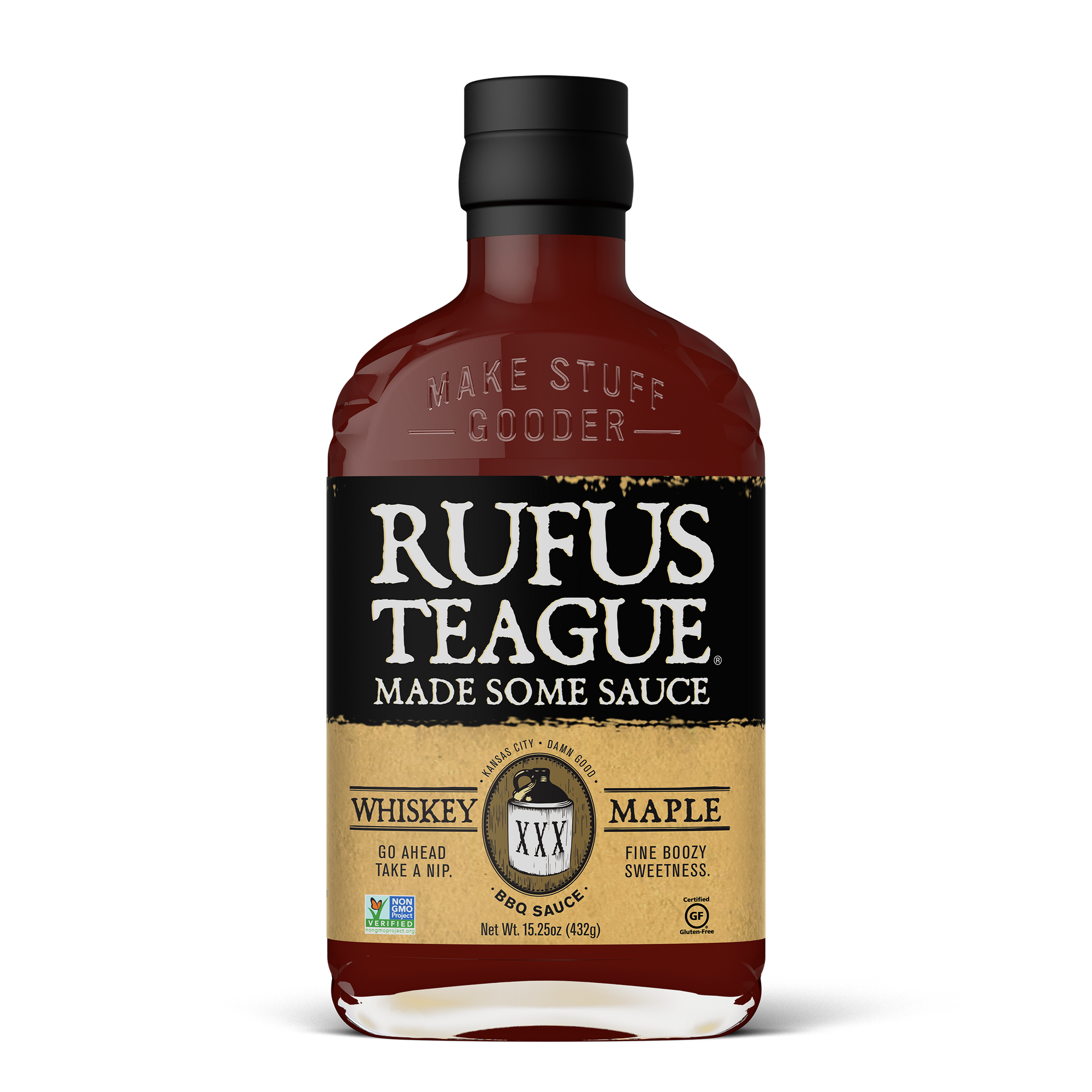 Rufus Teague whiskey maple BBQ sauce bottle with black and gold label on black background