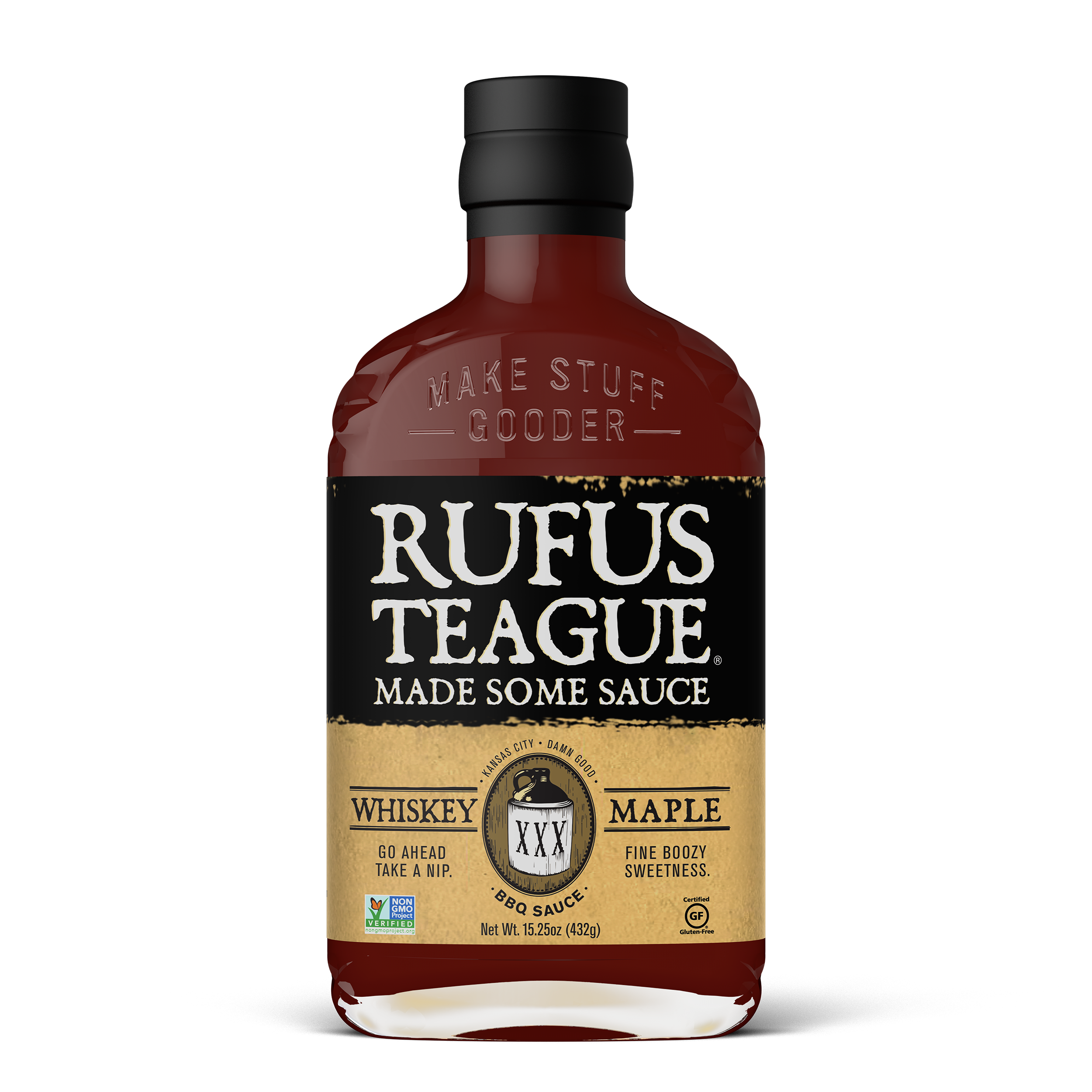 Rufus Teague whiskey maple BBQ sauce bottle with black and gold label on black background