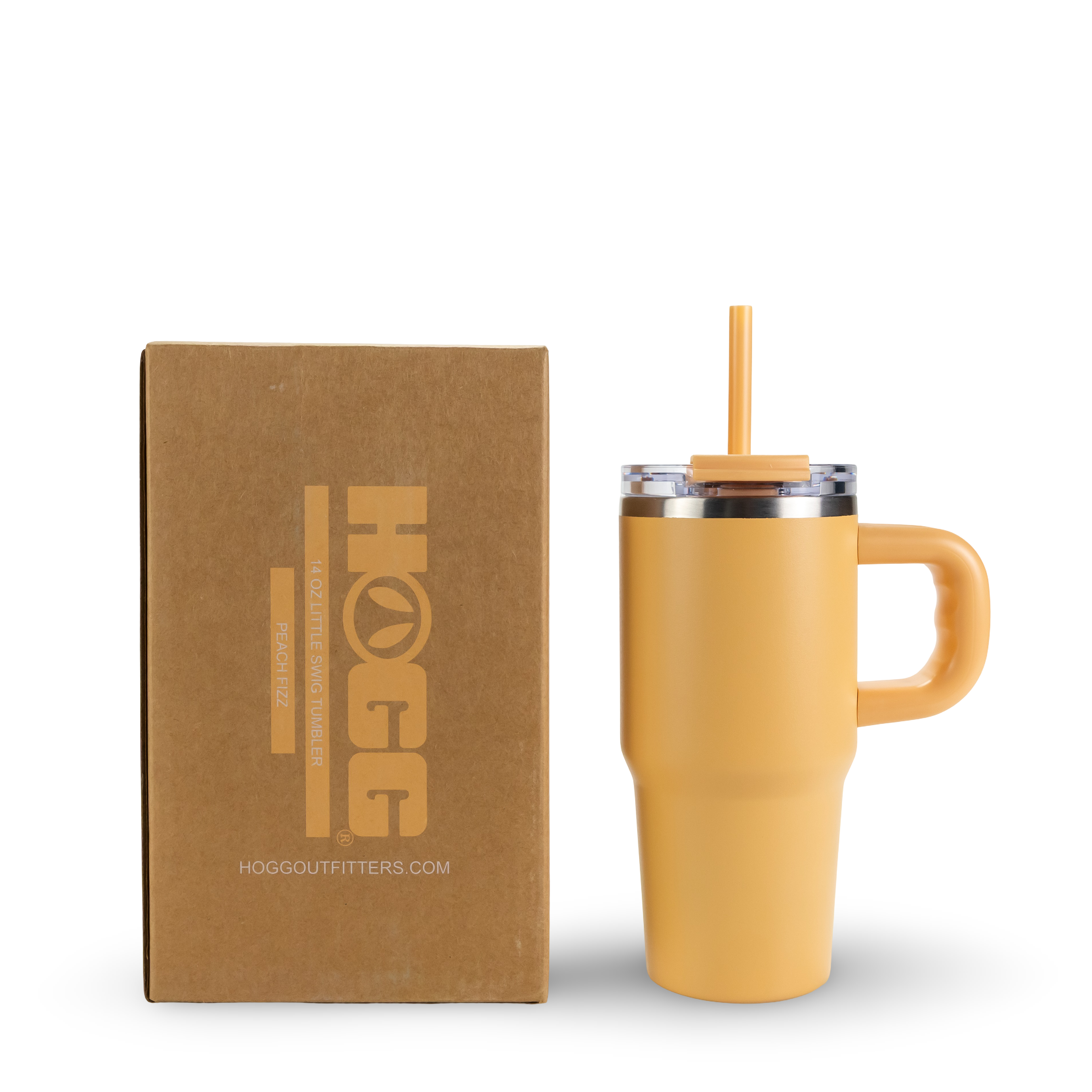 Peach-colored insulated tumbler with handle and straw next to branded box, ideal for outdoor use.