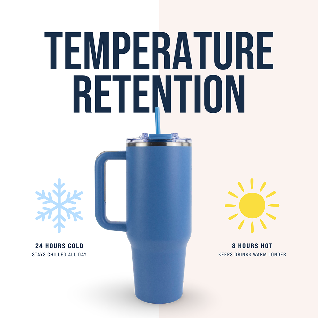 Blue insulated tumbler with handle, highlighting temperature retention for hot and cold drinks.