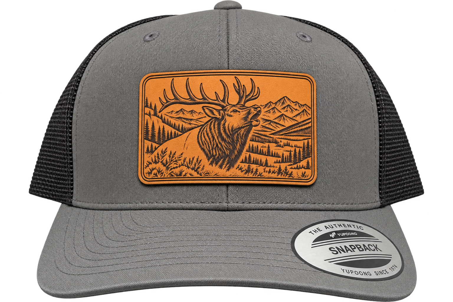 Leapfrog Collective High Country bugling bull elk leather patch trucker hat