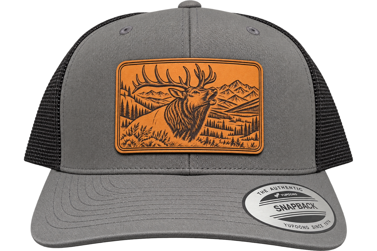 Leapfrog Collective High Country bugling bull elk leather patch trucker hat