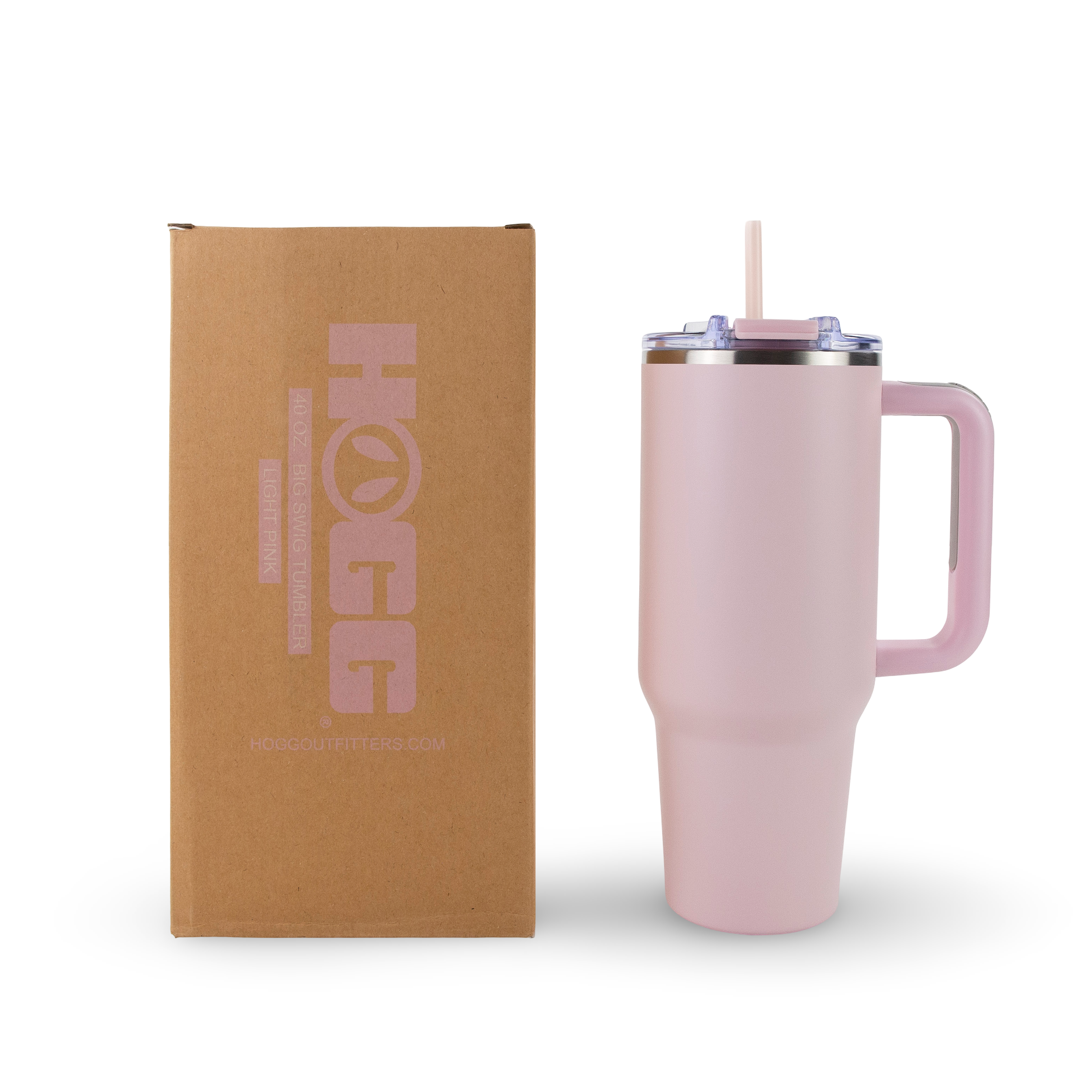 Light pink 40oz insulated tumbler with handle, straw, and packaging box