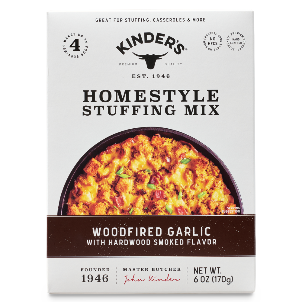 Box of Kinders homestyle stuffing mix woodfired garlic flavor, 6 oz, with smoked hardwood flavor