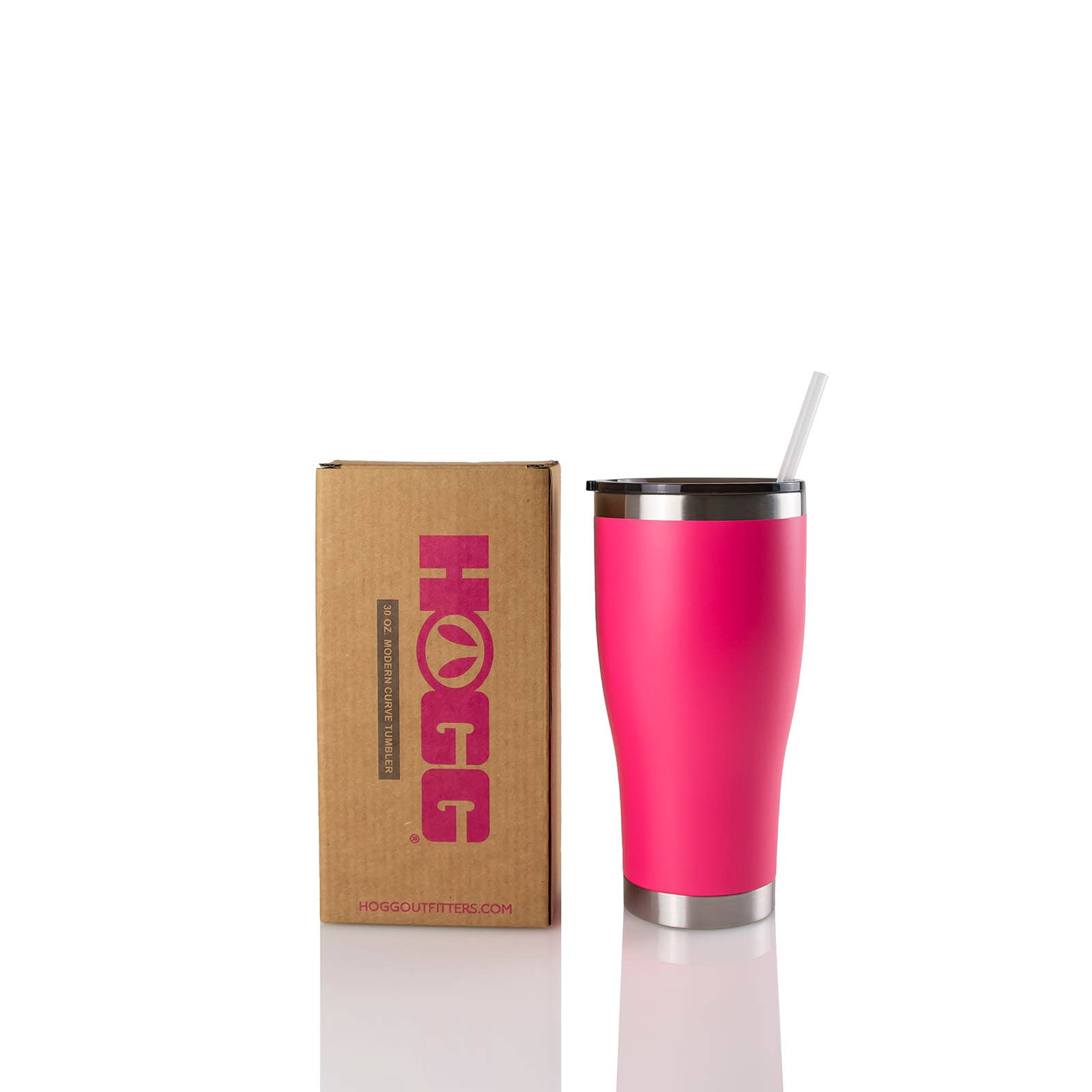 Pink stainless steel tumbler with straw beside HOGG branded box on white background