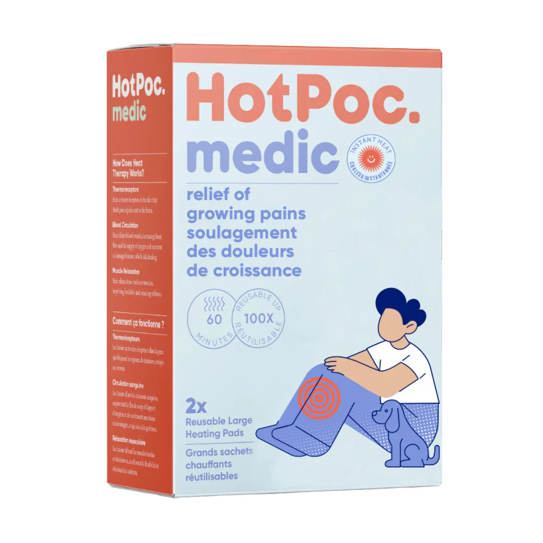 HotPoc medic box for reusable large heating pads, illustrated with child and dog, pain relief product.