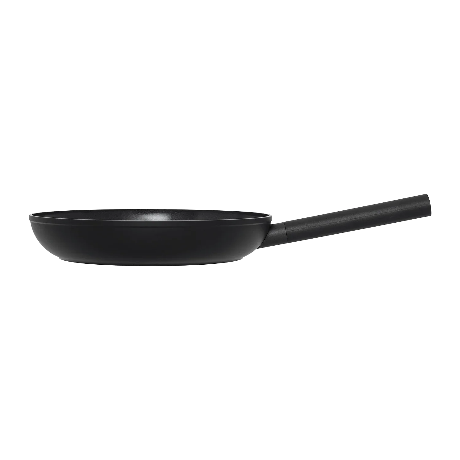 Black non-stick frying pan with straight handle, ideal for camping or outdoor cooking