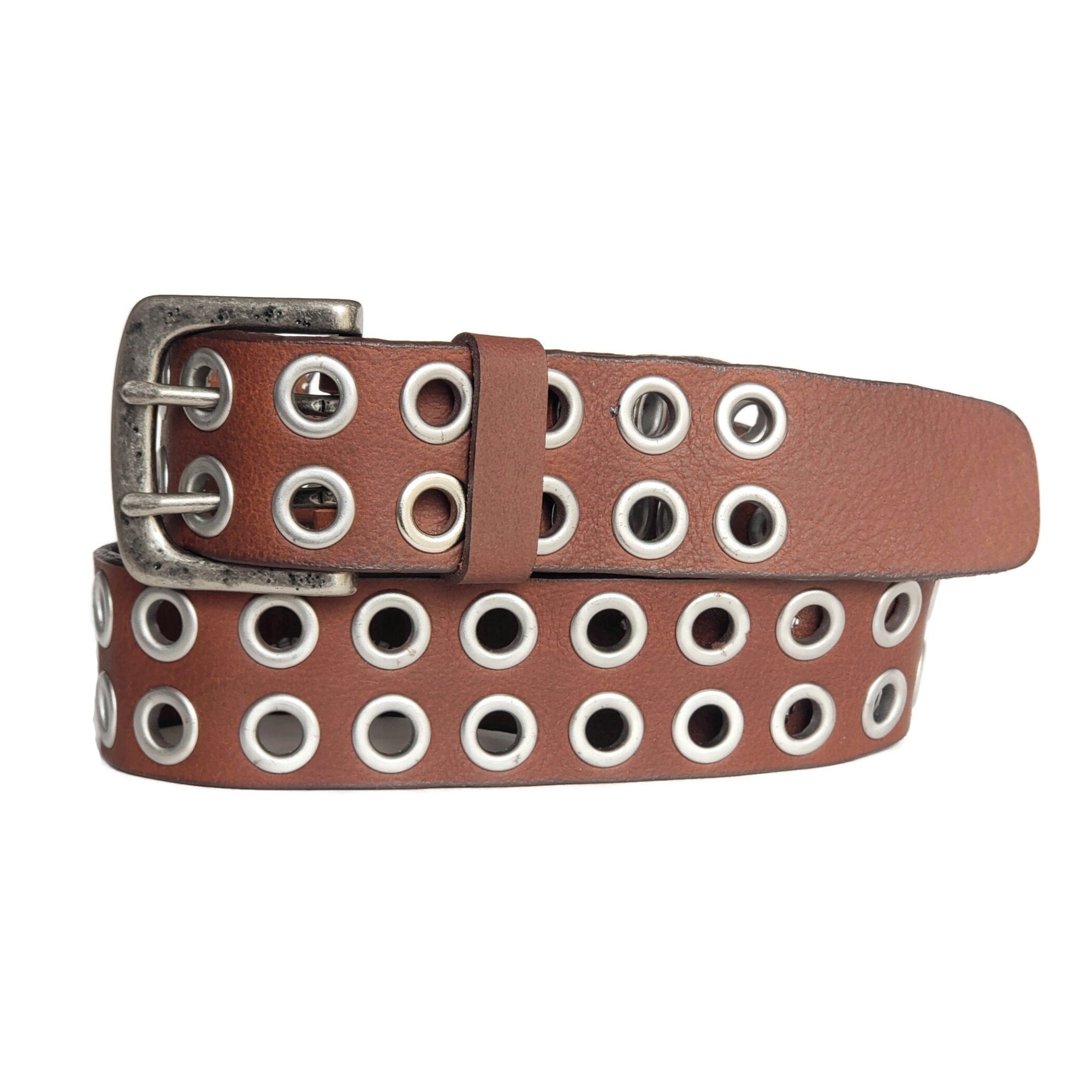 Brown leather belt with double rows of metal grommets and silver buckle, outdoor gear