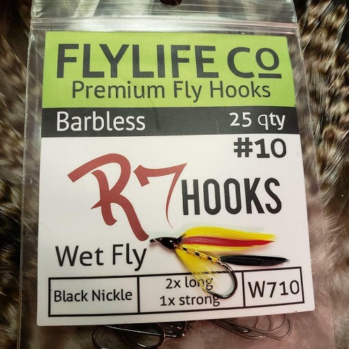 Barbless premium fly hooks package for wet fly fishing, size 10, with a colorful fly lure