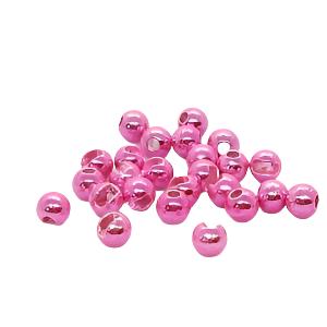 Assorted pink metallic fishing beads for fly tying and fishing tackle on white background.