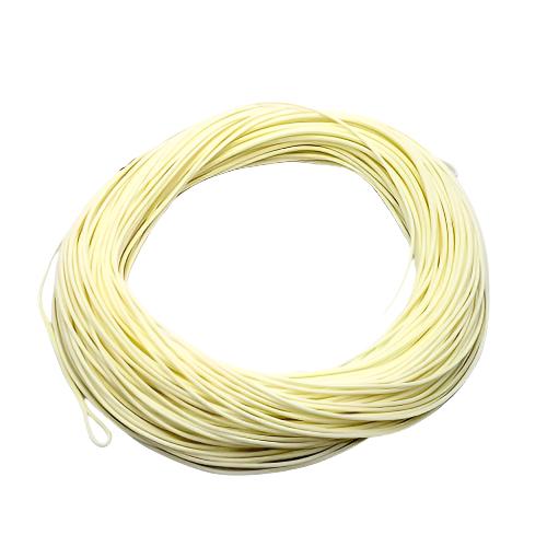 Coiled yellow archery bowstring line for hunting or camping on white background