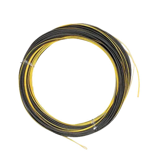 Yellow and black bowstring for archery coiled on white background