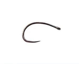 Curved barbless fishing hook for fly tying on white background