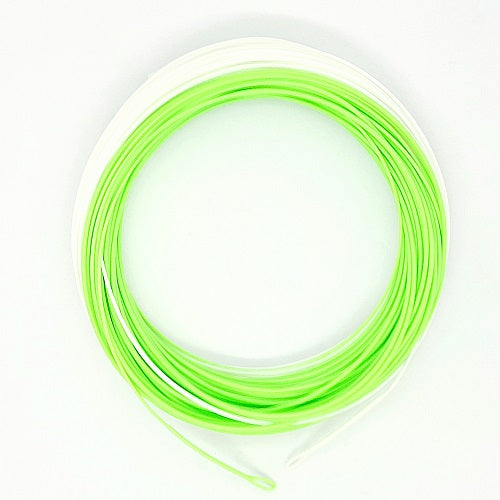 Green and white archery bowstring coiled on white background, camping and hunting gear