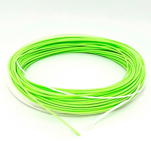 Coiled green and white archery bowstring line on a white background
