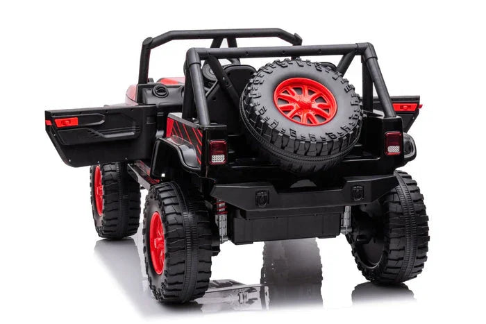 Black and red toy ride-on jeep for kids with open doors and spare tire, rear view