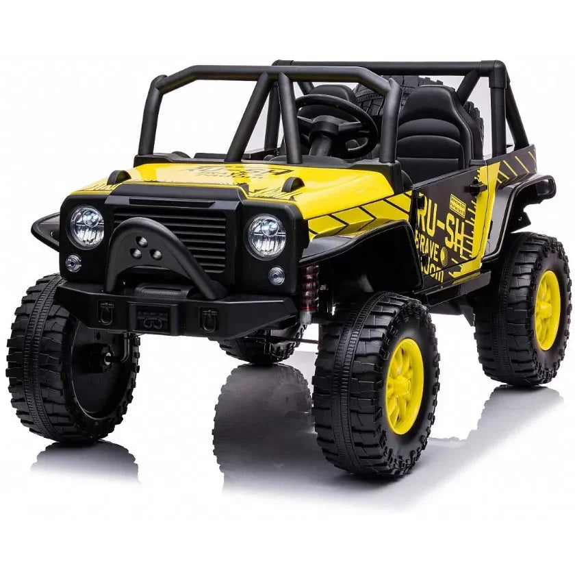 Yellow and black kids electric ride-on jeep toy car with rugged tires and roll cage