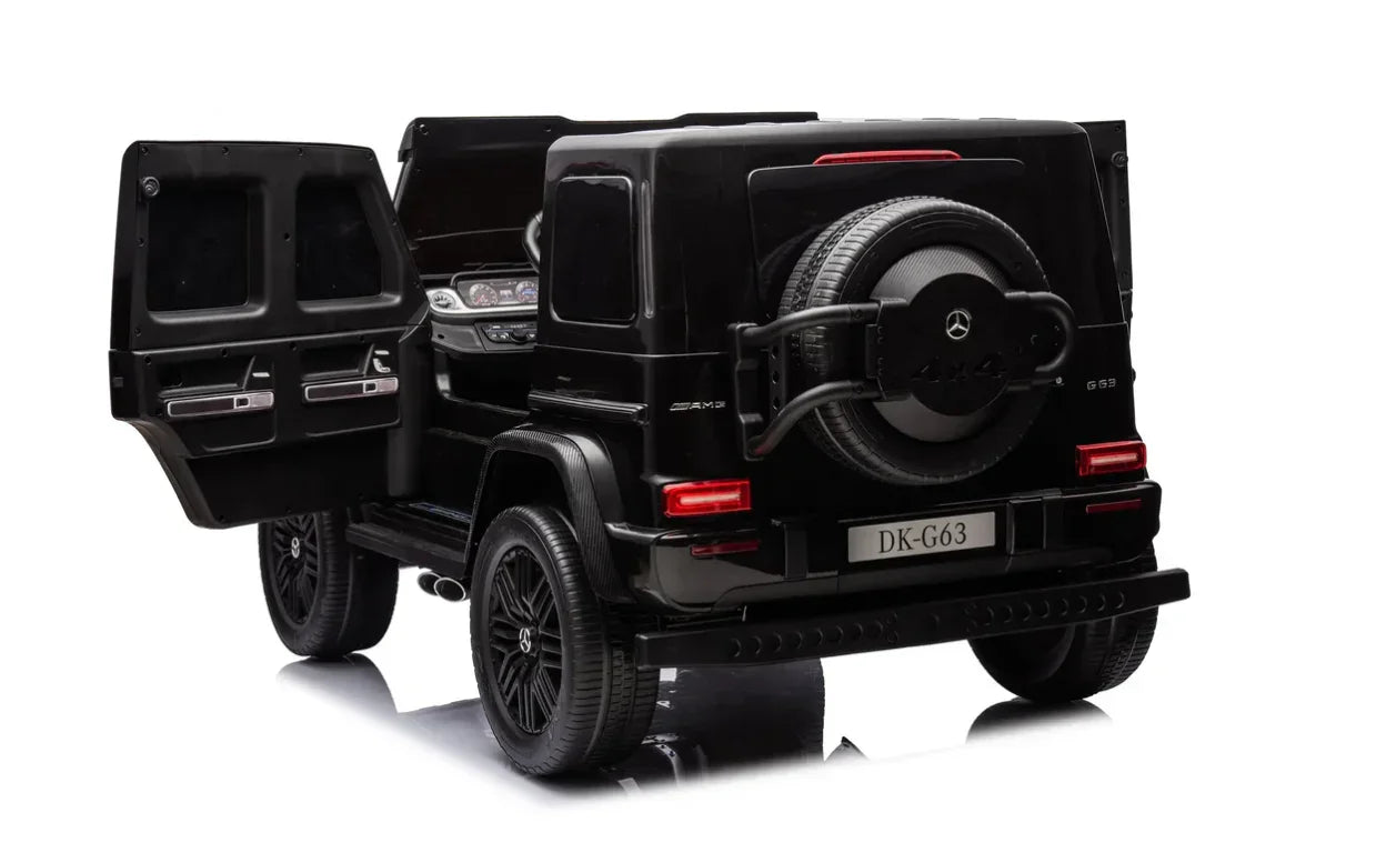 Black Mercedes G63 ride-on toy car, open doors, rear view with spare tire and DK-G63 plate