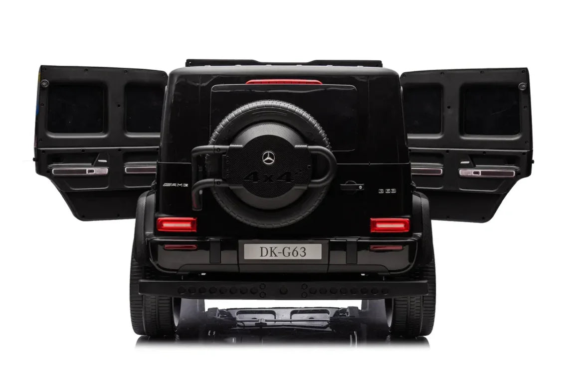 Rear view of black Mercedes G63 AMG toy car with open doors and spare tire