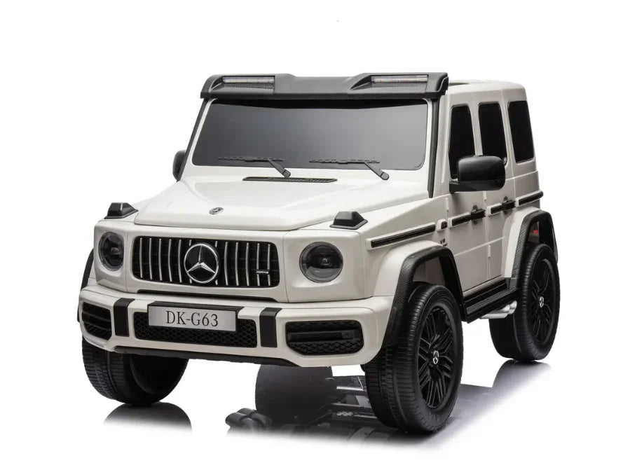 White Mercedes-Benz G-Class DK-G63 kids ride on car, front view, against white background