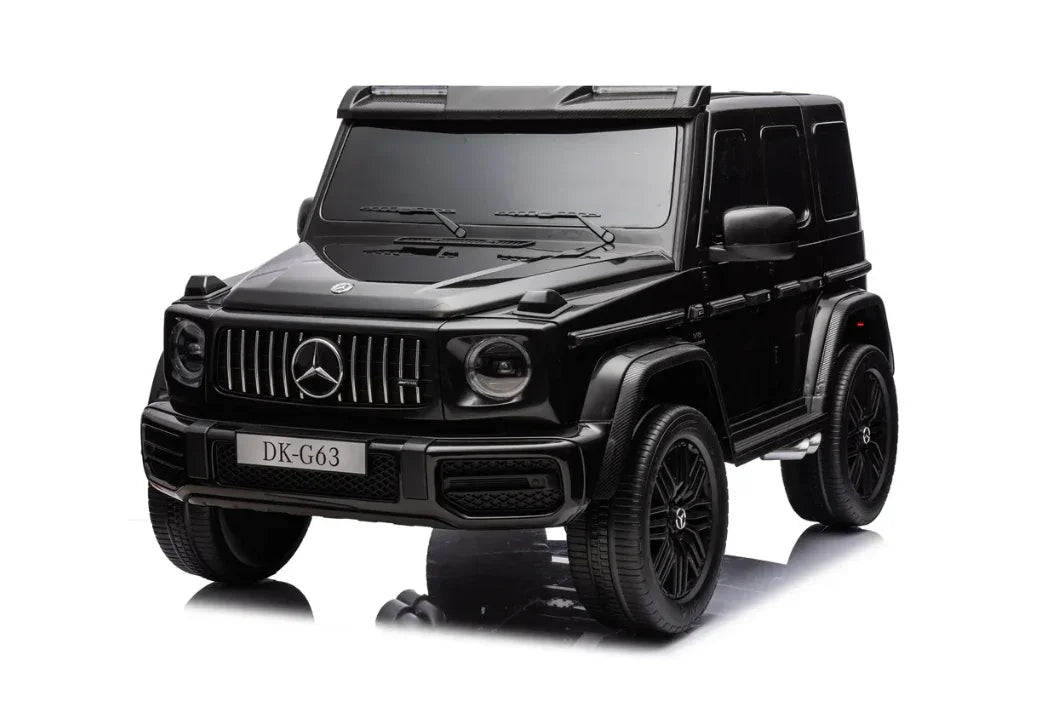 Black Mercedes-Benz G63 toy car with DK-G63 license plate on white background