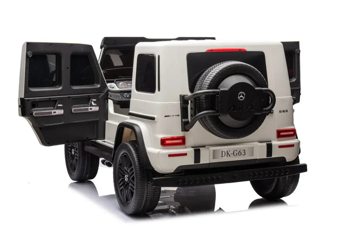 White toy Mercedes G63 SUV with open rear doors and spare tire on white background