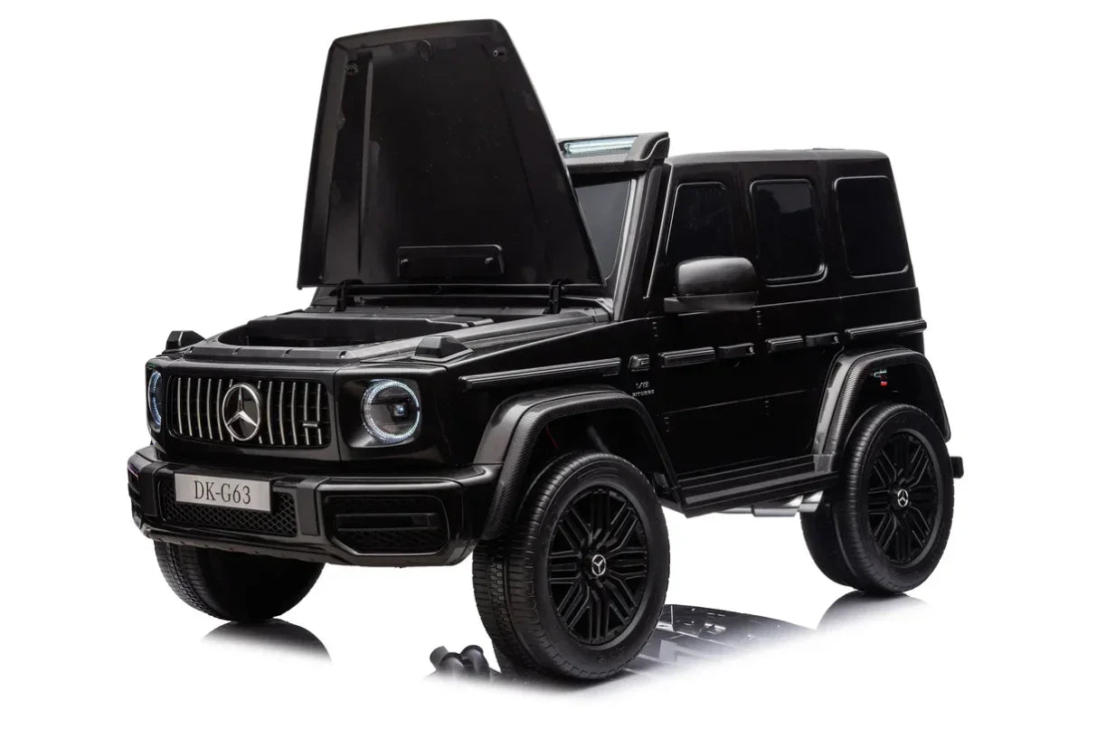 Black Mercedes G63 toy car with open hood on white background, DK-G63 model